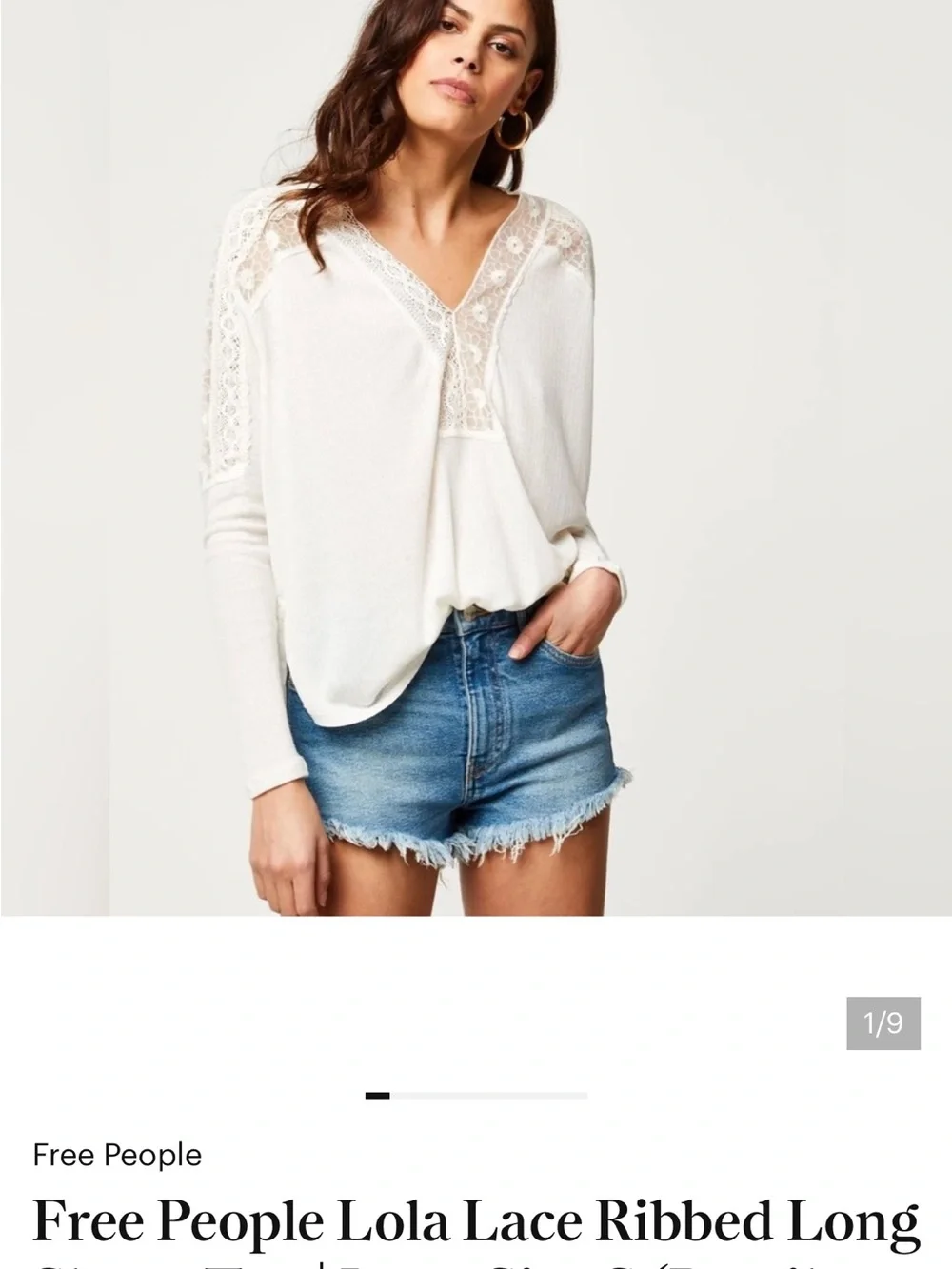 Free People Ivory Lace-Trim V-Neck Long Sleeve Top